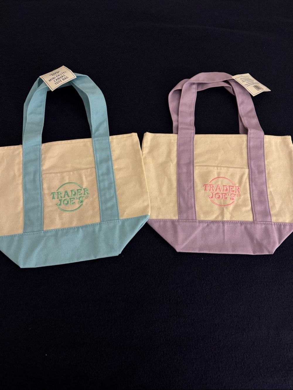 Trader Joe's Canvas Tote Bag in Pastel Blue  & Pastel Lavender. Set of 2. NEW